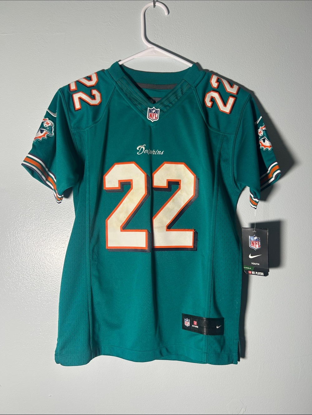 Old Logo Nike Kids Dolphins #22 Teal and White Football Jersey